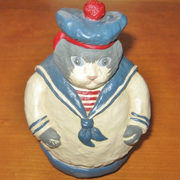 Meow! French Sailor Fat Cat Vintage Handcrafted Painted Pottery Cat Decor - Picture 1 of 8